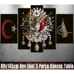 GNS17 Osmanlı Arma Tuğra 5 Parçalı Kanvas Tablo 80x145cm
