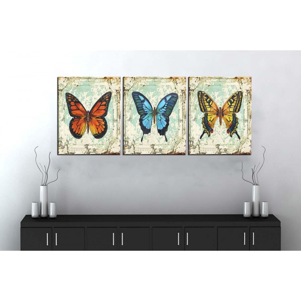 sn12 Retro Konsept Kelebekler Üç Parçalı Kanvas Tablo 50x105cm sn12 Retro Konsept Kelebekler Üç Parçalı Kanvas Tablo 50x105cm