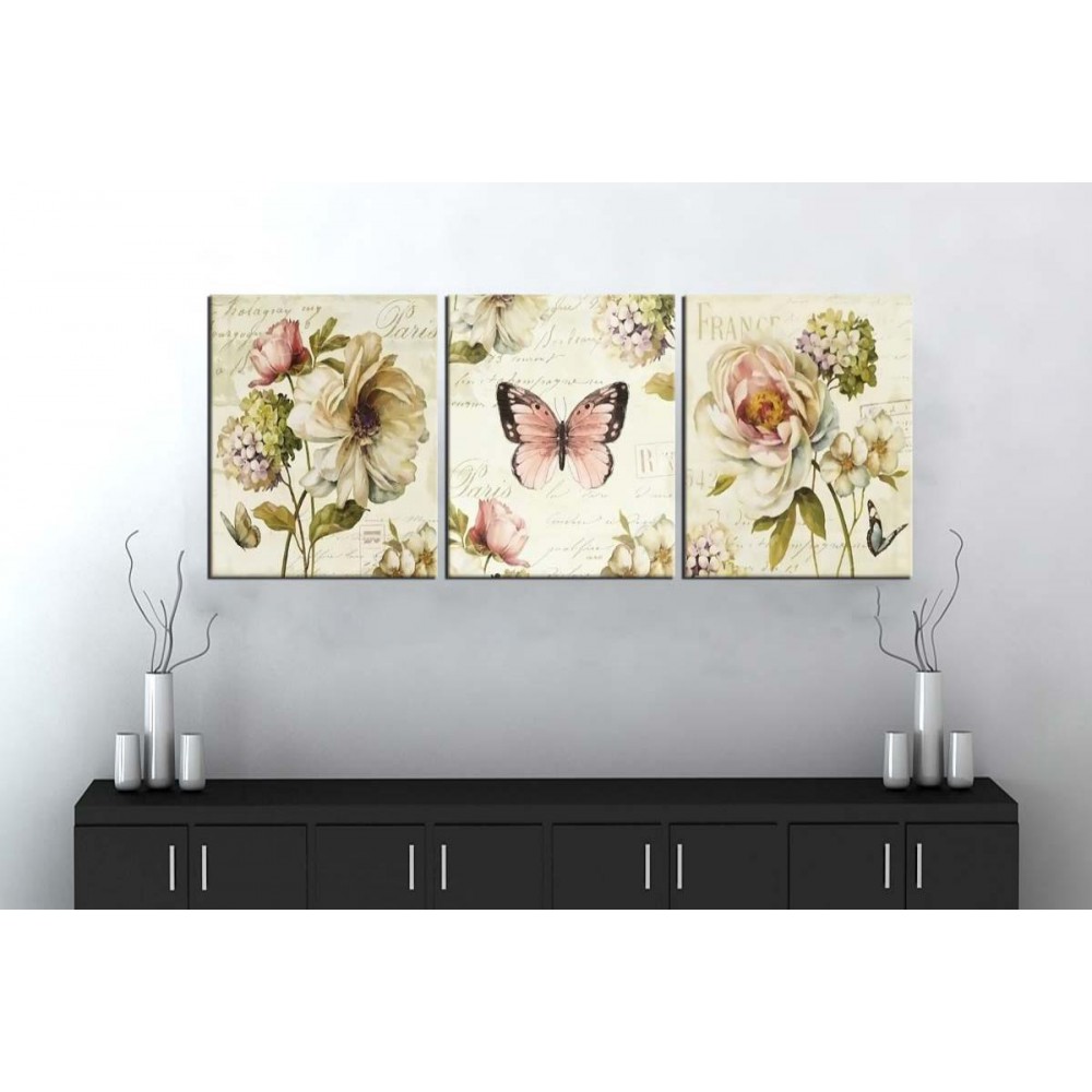 sn2 Retro Konsept Çiçek ve Kelebek Üç Parçalı Kanvas Tablo 50x105cm sn2 Retro Konsept Çiçek ve Kelebek Üç Parçalı Kanvas Tablo 50x105cm