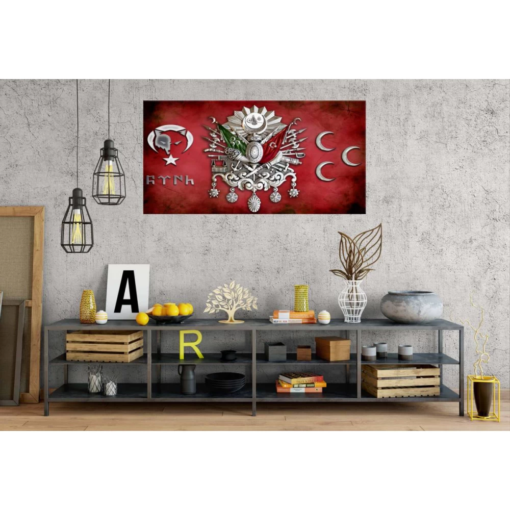 GNS18 Osmanlı Arma Türk Bozkurt 3 Hilal Panoramik Kanvas Tablo